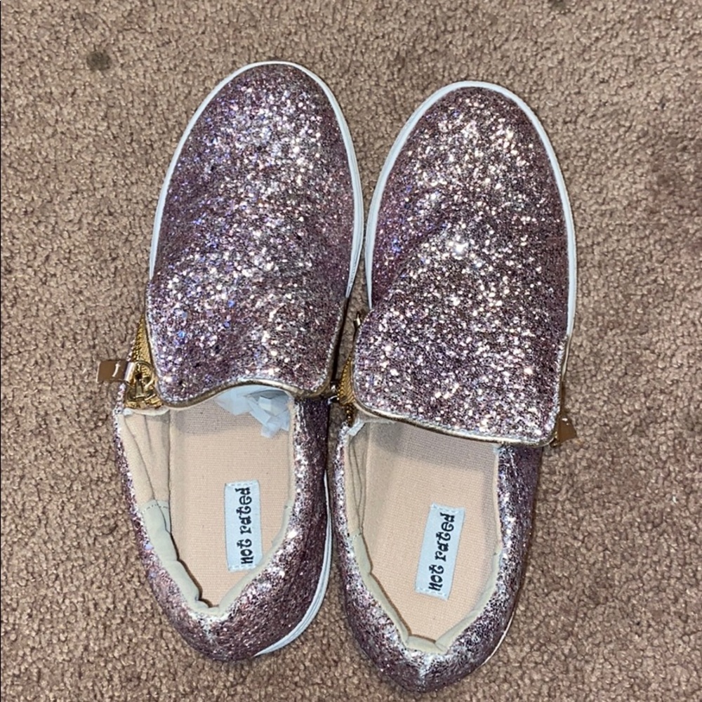 Pink glitter slip ons